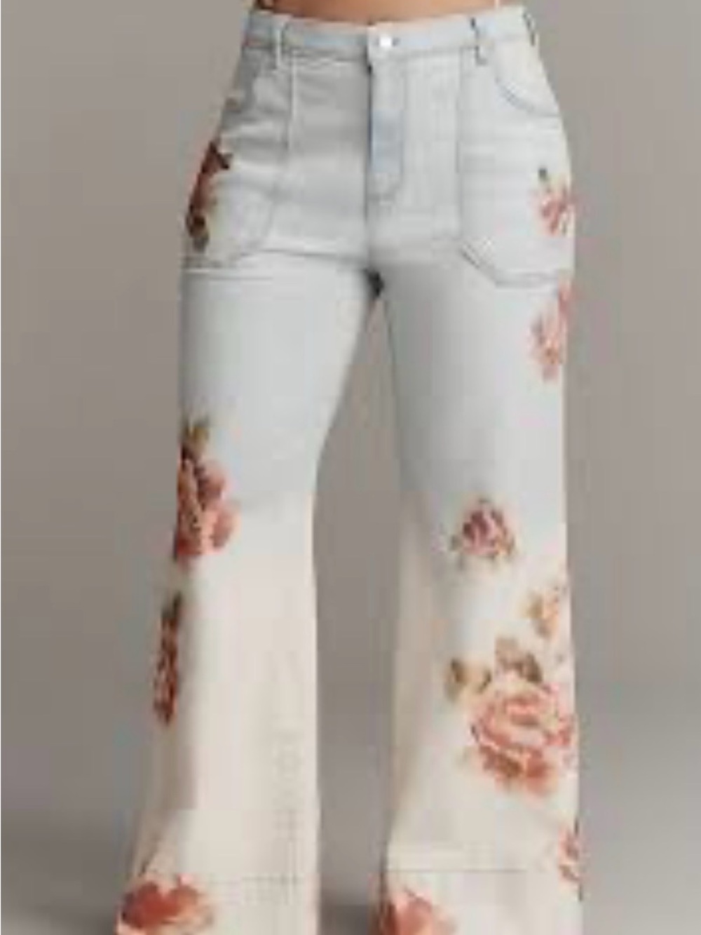 Anthropologie White Wide-Leg Jeans with Pink Rose Print